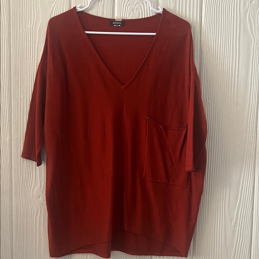 Red V-Neck Top with Pocket